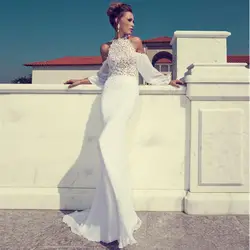 Свадебное платье русалки с длинными рукавами и открытой спиной; шифоновое платье на заказ; кружевное свадебное платье с вырезом лодочкой;