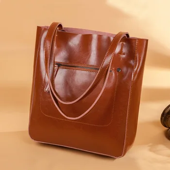 

Oil Wax WOMEN'S Cow Leather Bag New Style Tote Bag Crossbody Bag Genuine Leather Hand Big Bag
