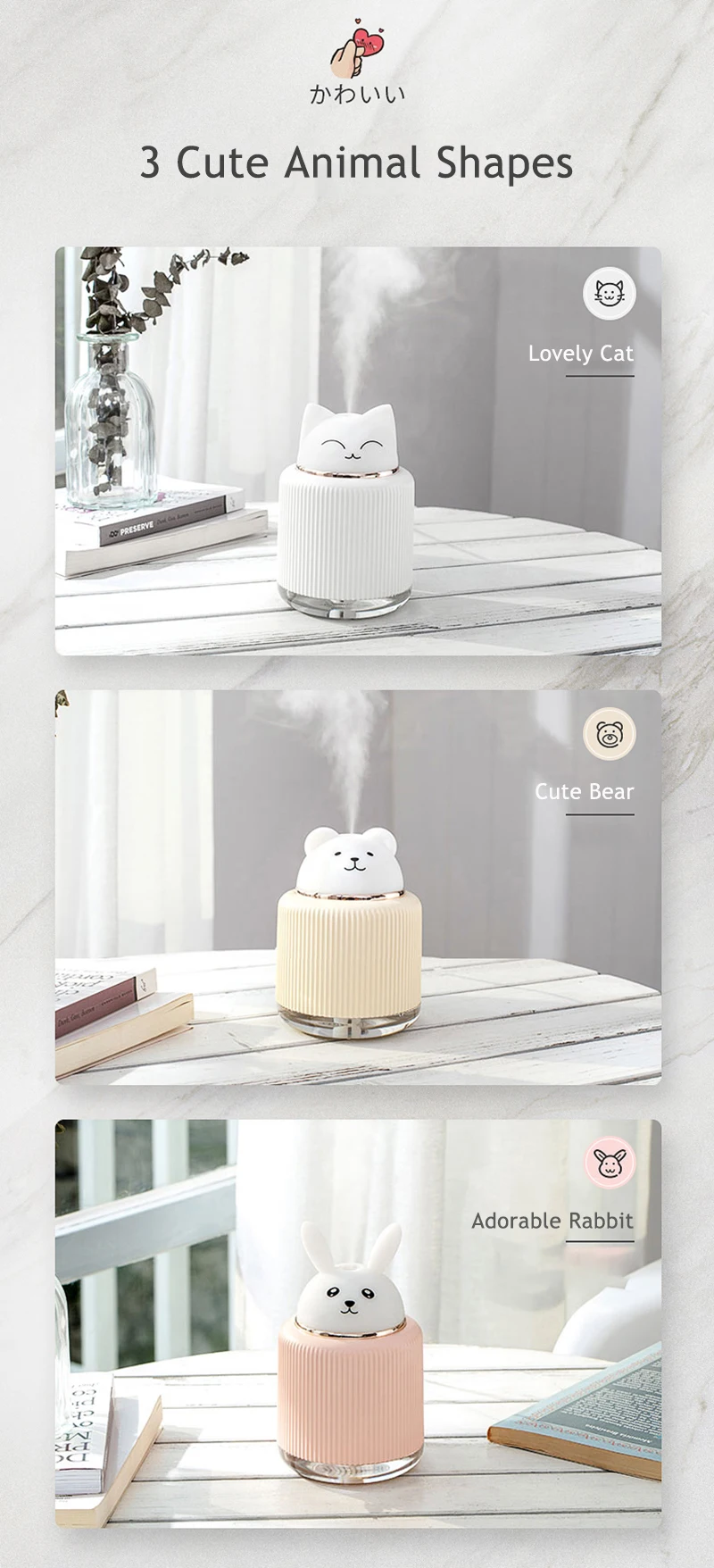 300ML USB Portable Air Humidifier Ultrasonic Aroma Oil Essential Diffuser LED Light Cute Cat Bear Mist Maker For Home Car