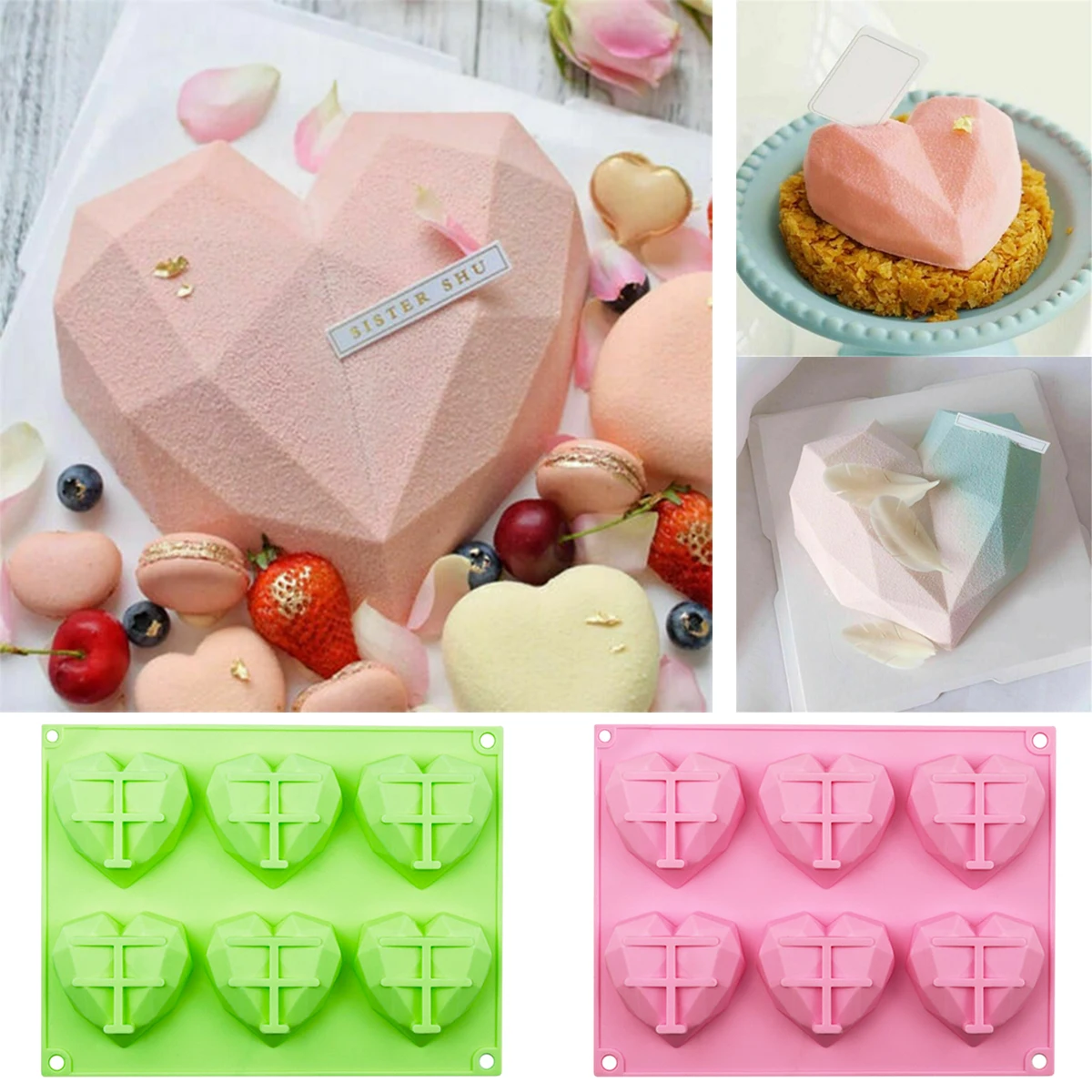 

3D Silicone Heart Shape Fondant Mould Cake Chocolate Baking Mold Modelling Decor 6 Cavity Diamond Love Silicone Mould