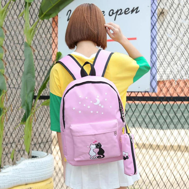 Yogodlns 4 шт./компл. холщовый женский рюкзак школьный с принтом милого кота школьная сумка-рюкзак для девочек-подростков Sac a Dos Mochila