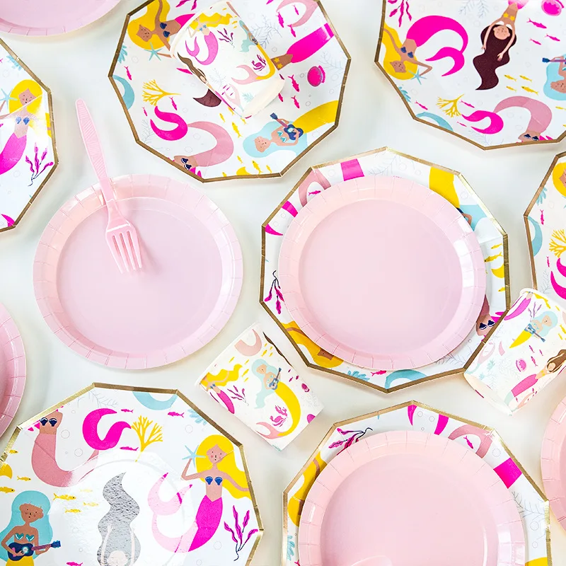 

48pcs 6 Person Birthday Disposable Tableware Set Mermaid Theme Party Baby Shower Party Paper Plate Decoration Supplier