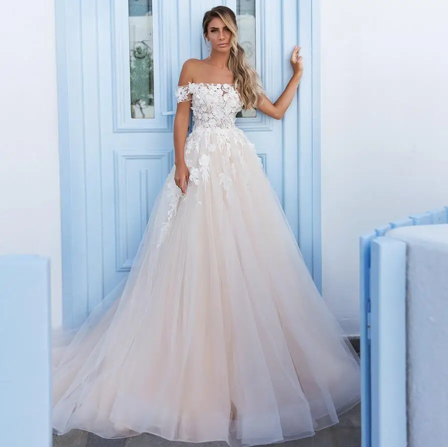 Robe De Mariage свадебное платье с открытыми плечами аппликация без рукавов цветок А-силуэт Тюль свадебное платье es Sweep Train - Цвет: Photo Color