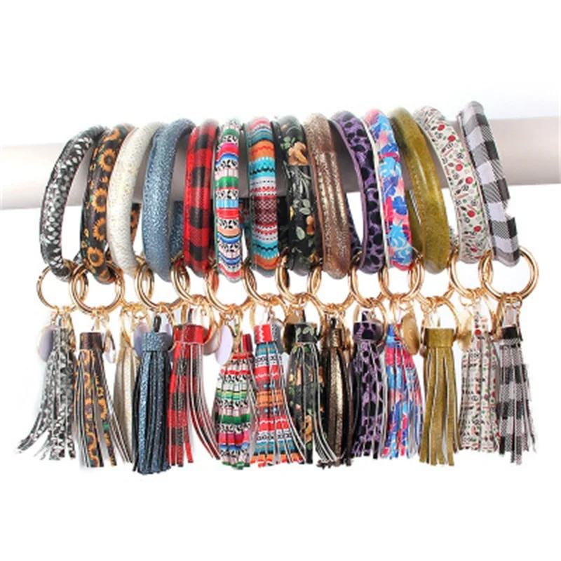 

ZG 2019 New PU Leather O Bracelet KeyChains Circle Cute Same Color Tassel Wristlet Keychain Wholesale Women Girls
