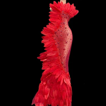 

Luxury Red Crystal Feathers See Through Mesh Long Dress Women Evening Prom Wedding Bithday Party Dress Singer Sexy Stage Wear