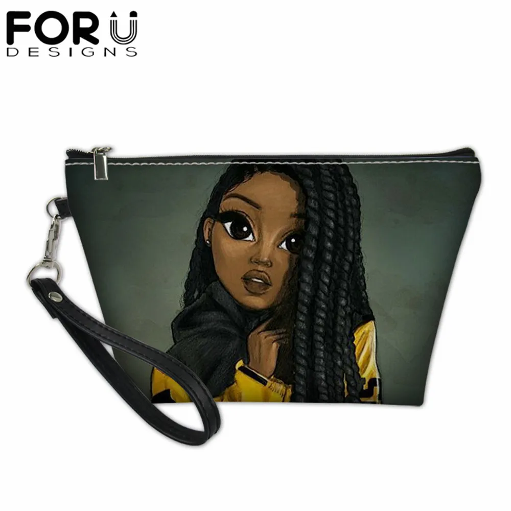 

FORUDESIGNS Black Girls Print Women Cosmetic Case Makeup Bag Ladies Storage Bag for Travel Female Cute Mini Handbag High Quality