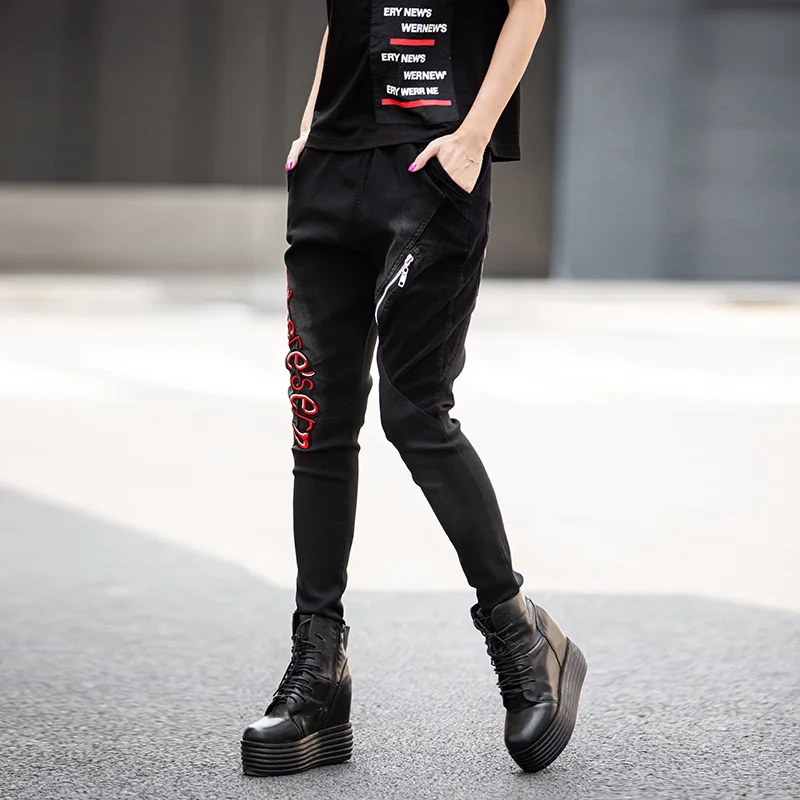 pencil jeans for women High waist Elastic cotton trousers thin casual pants with letter embroidery Vintage Trend pants Z3