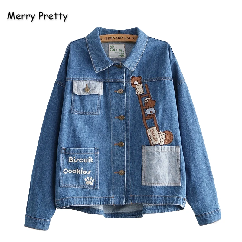 

Merry Pretty Women Cartoon Embroidery Blue Denim Jackets 2019 Winter Long Sleeve Turndown Collar Pockets Basic Jacket Outerwear