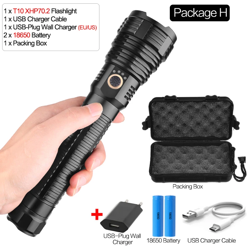 Package H Самый мощный светодиодный фонарь с зумом XHP70 USB Перезаряжаемый водонепроницаемый фонарь 18650 26650 для рыбалки и кемпинга - Испускаемый цвет: Package H