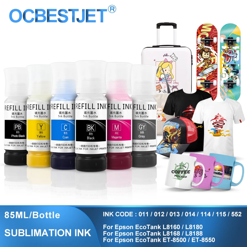 Sublimação Tinta para Epson T-shirt Caneca de Vidro 85ml 011 012 013 014 114 115 552 L8160 L8180 L8168 L8188 Et8500 Et9550