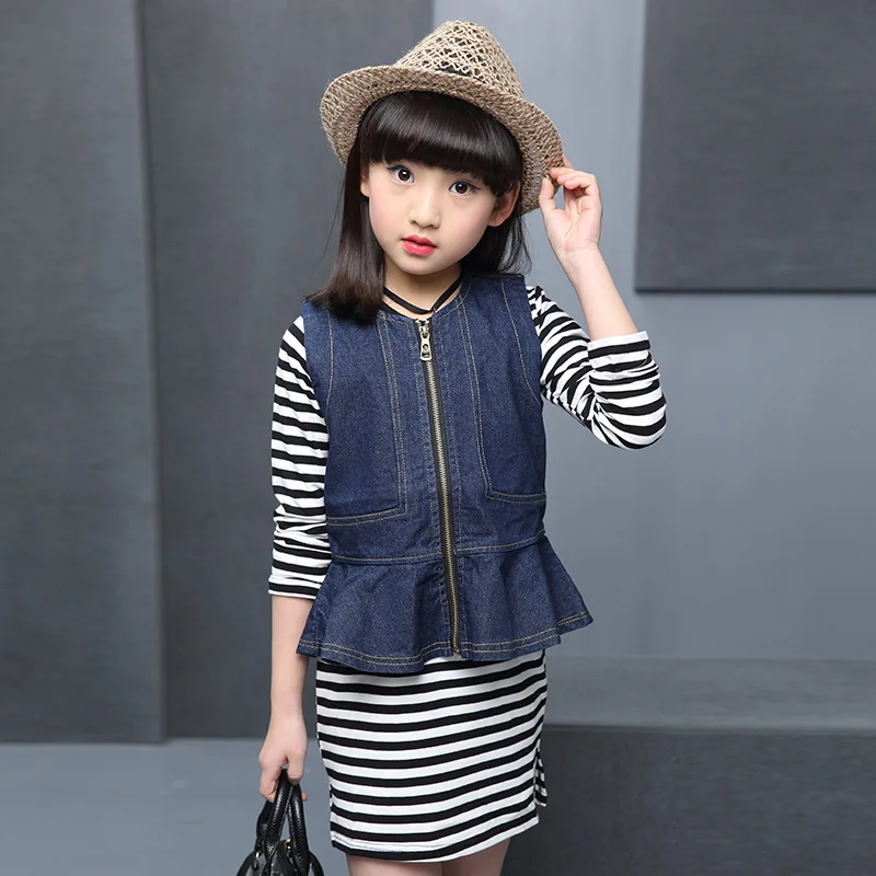 

2019 Kids Clothing Set for autumn girls Jeans waistcoat+dress 2pcs set for 6 7 8 9 12 15 year children clothes girls outfit DX03091