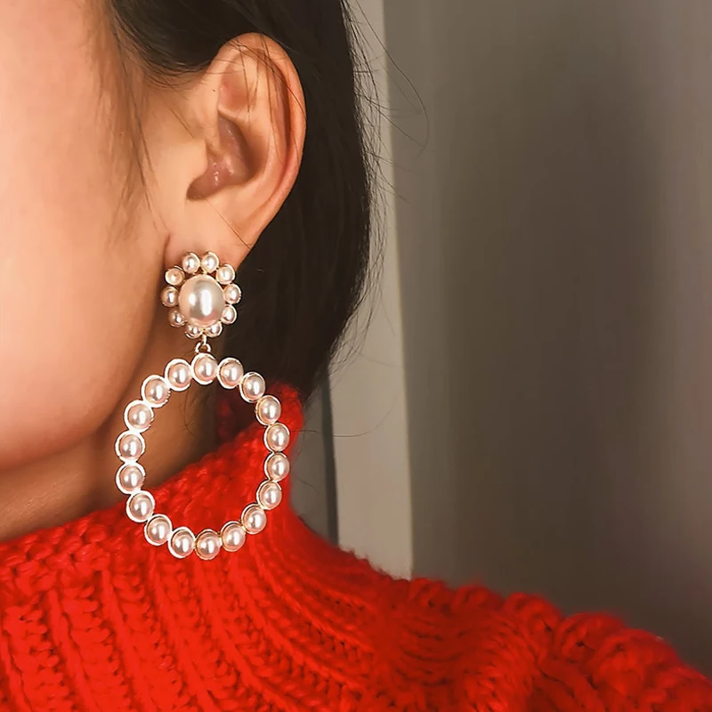 

HOCOLE Vintage Gold Drop Earrings For Women 2019 Brincos Geometric Pearl Dangle Earring Female Wedding Party Jewelry Wholesale