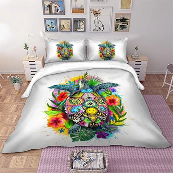 

Tortoise Art Bedding Set Bohemian Floral Duvet Cover Queen King Size Colorful Bedclothes