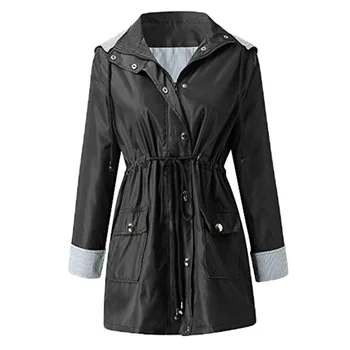 

Plus Size Women Trench Solid Color Lapel Long Sleeve Waist Drawstring Hooded Dust Coat Elegant Bandage Windbreaker