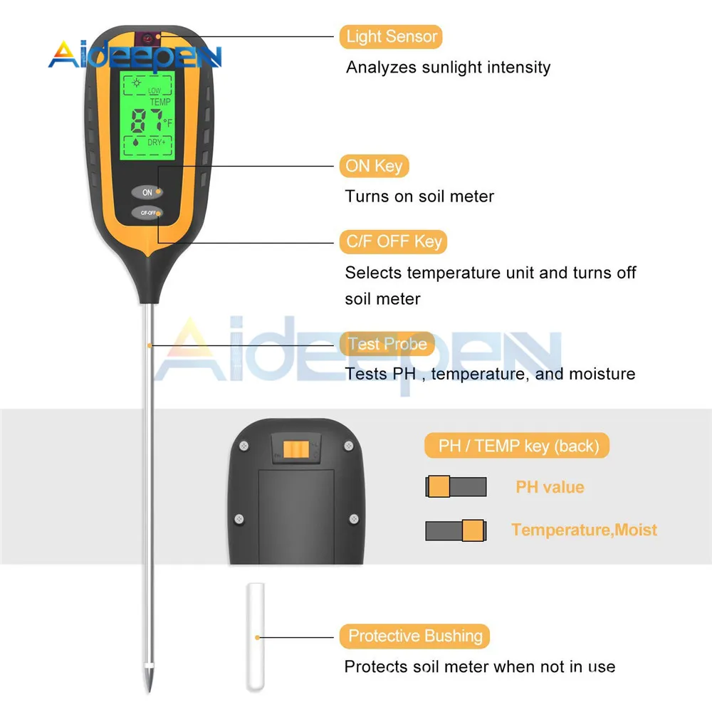 3/4/5 в 1 измеритель кислотности почвы тестер PH измеритель влажности Температура влажность интенсивность солнечного света анализ измерений кислотности и щелочи