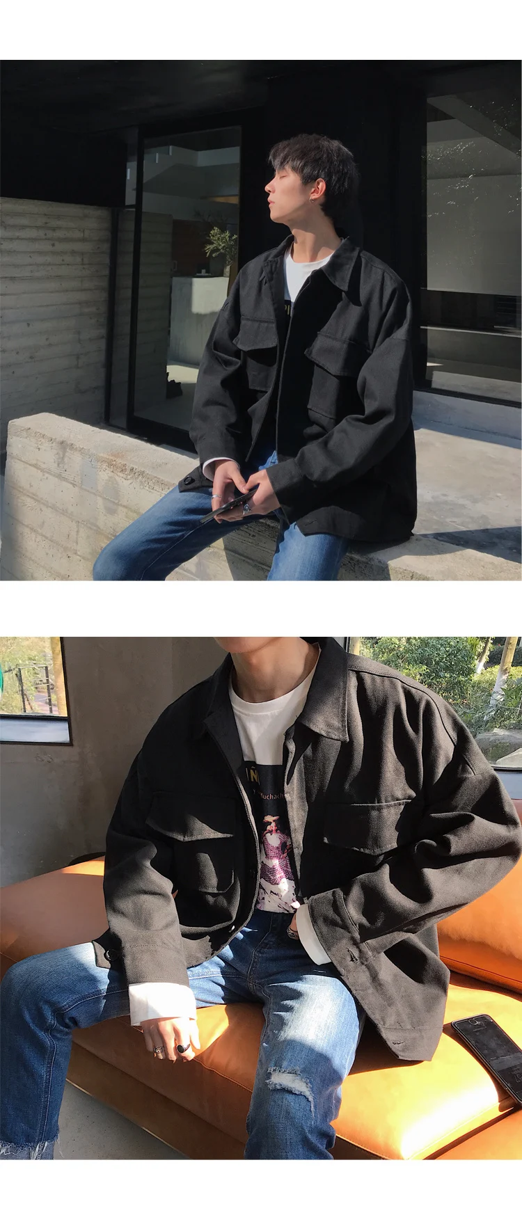 Tooling Jacket Men's Fashion Solid Color Casual Cotton Jacket Man Streetwear Wild Hip Hop Loose Bomber Jacket Male Clothes