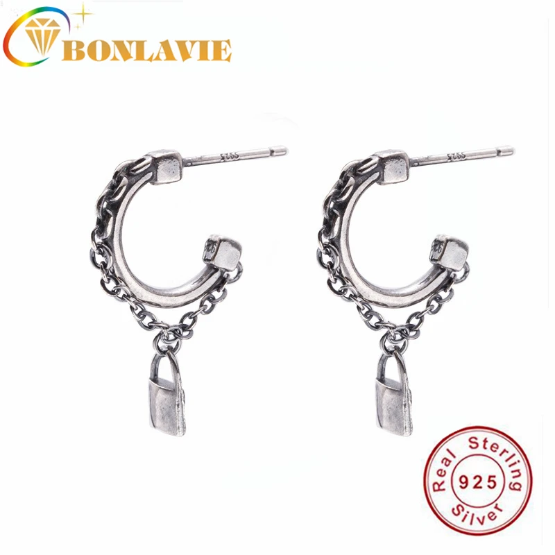 

BONLAVIE Silver 925 Old Retro Semi-circular tassel Chain Concentric Lock Couple Ear Nails Earrings Lock Earrings