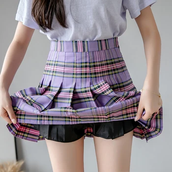 

2020 summer school style pleated skirt illusion soft girl style A-line skirt high waist plaid skirt short skirt shorts
