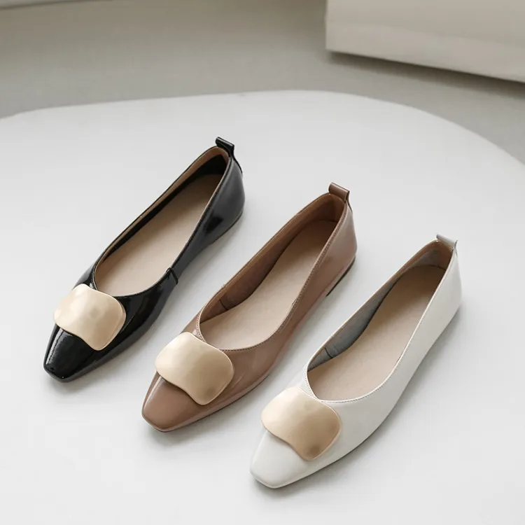 

2020 Spring Shoes Women's Korean-style Metal Buckle Genuine Leather Flat Top Shoes Comfortable Versatile Side Scoop Bootie Large