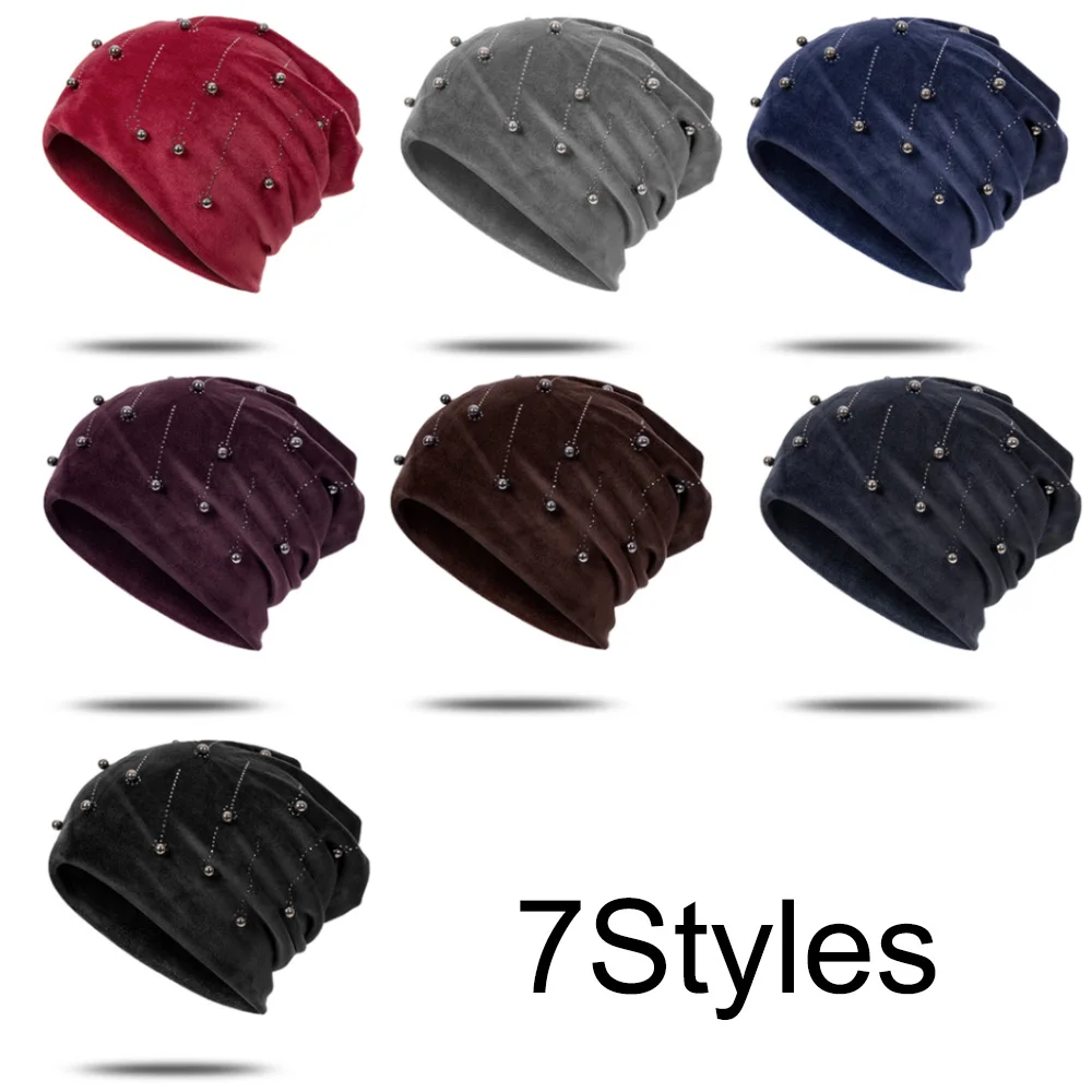 Winter Woman Hat Suede Soft beanie Hat for Women Solid Color Pearl Fashion Winter Warm Hat