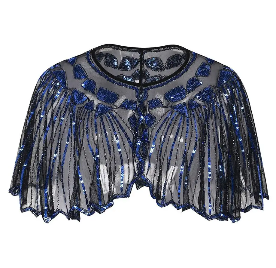 JaneVini Sparkly Bolero Sequin Beaded Women Summer Shrugs Jackets Bridal Wedding Capes Evening Party Dress Wraps Gold Stoles - Цвет: Black Blue