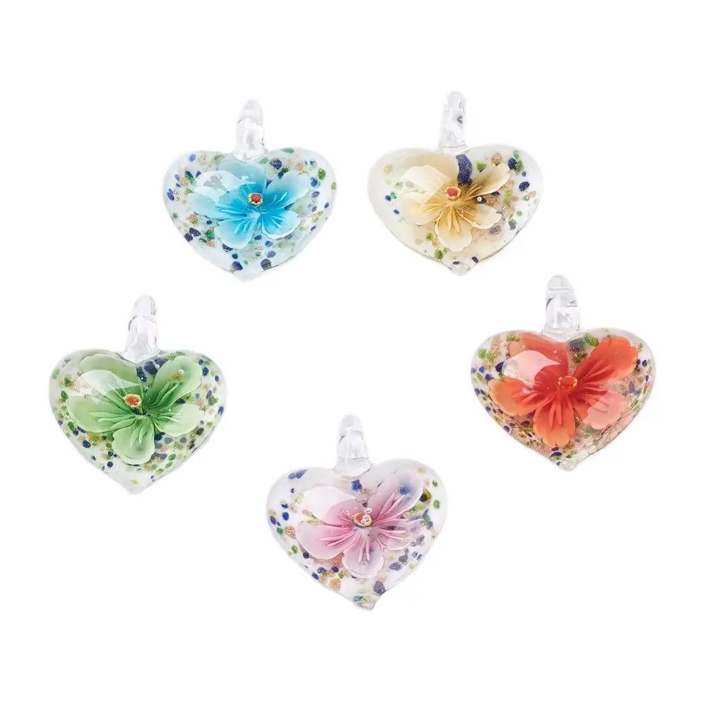 10pcs Handmade Heart Lampwork Pendants with Inner Flower Mixed Color Glass Charms for Jewelry Making Necklace DIY Crafts