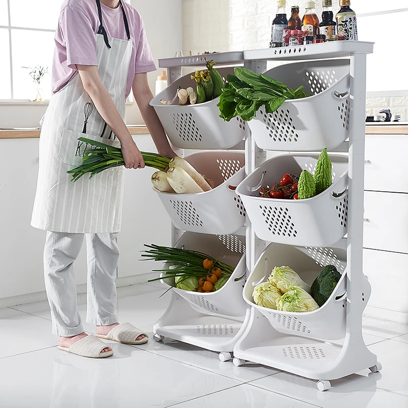 US $72.43 Kitchen Storage Rack Floor Household Multilayer Fruit Basket Vegetable Basket Seasoning Toy Storage Rack Plastic Mobile Pulley