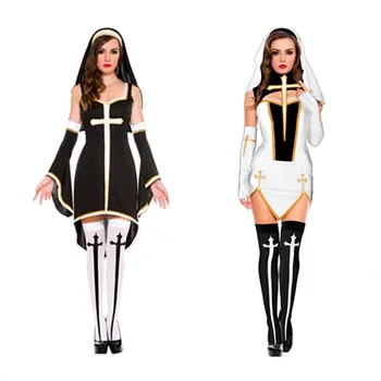 

Sexy Bad Habit Nun Costume Christian Missionary Fancy Dress Women Black White Halloween Costumes