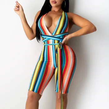 

2020 Women's Sexy Cross Halter Jumpsuit Fashion Stripe Tight Short Pants Summer New Backless Jumpsuit