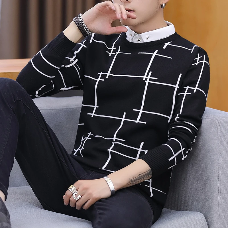 Осень и зима поддельные два свитера Мужская рубашка воротник джемпер Корейская индивидуальность свитер вне линии одежда тонкая - Цвет: Черный