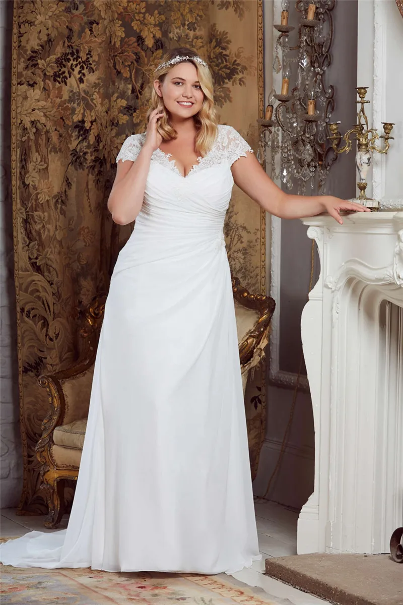 V-Neck Lace Appliques A-Line Wedding Dresses 2020 Modest Plus Size Custom Made Gown For Women Pleated Spring Garden | Свадьбы и