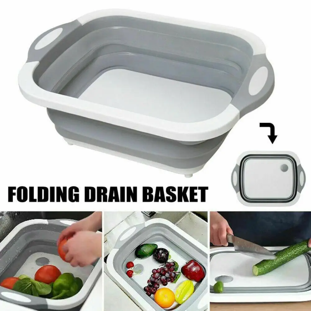 New Chopping Board Folding Drain Basket Vegetable Fruit Washing Holder Basin Tool