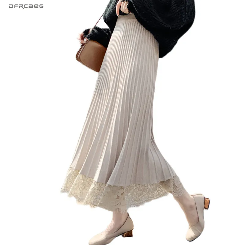 Лоскутная кружевная вязаная Длинная женская юбка осень зима Высокая талия Faldas плиссированная юбка женская Повседневная Saias Longa