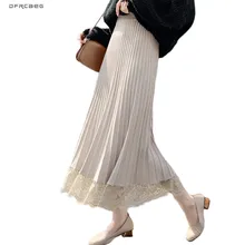 Лоскутная кружевная вязаная Длинная женская юбка осень зима Высокая талия Faldas плиссированная юбка женская Повседневная Saias Longa