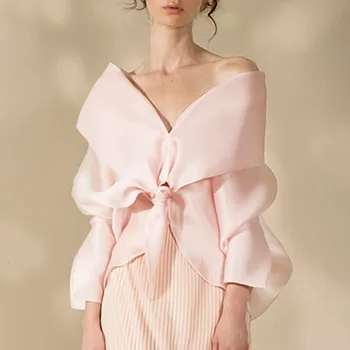 

Sweet Wind Solid Color Irregular Women's Shirt 2020v Collar Loose Off-the-shoulder Joker Shirt Top Female