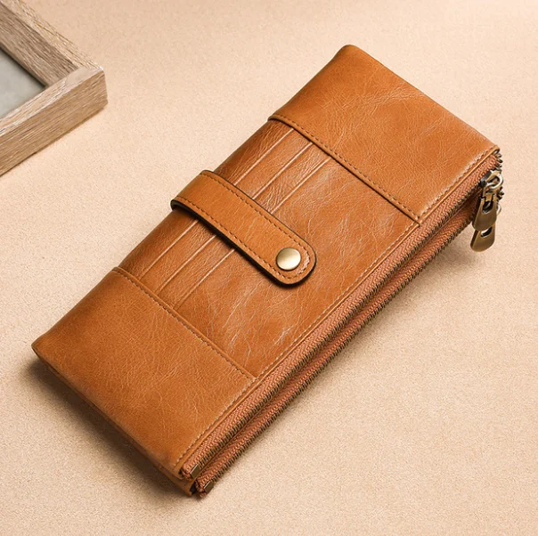

Double Zipper Genuine Leather Long Wallet Men Antimagnetic RFID Patchwork Purse Unisex Multifunction Card Holder Money Bag D971