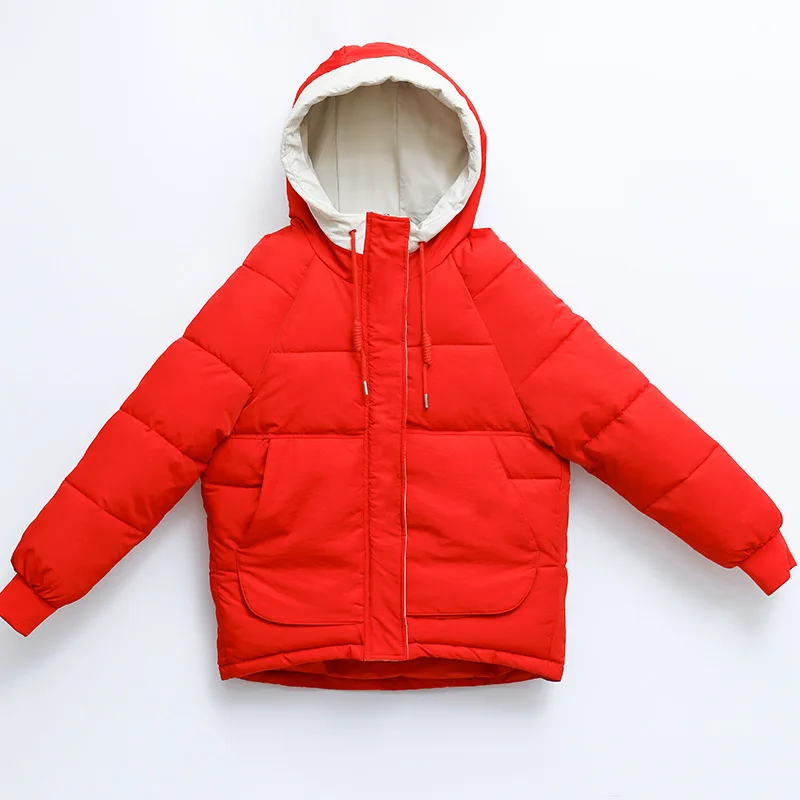 

Winter Jacket Women Hooded Splice Fashion Cotton Casual Coat Pocket Drawstring Short Wearing Red Jackets JF098-1