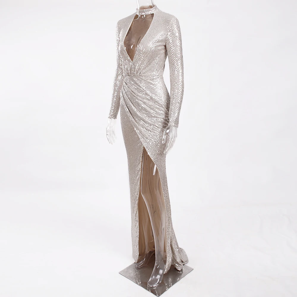 Холтер Глубокий V шеи серебряный Sequind Макси-Платье с разрезом ноги Плиссированные Длинные рукава стрейч вечернее платье