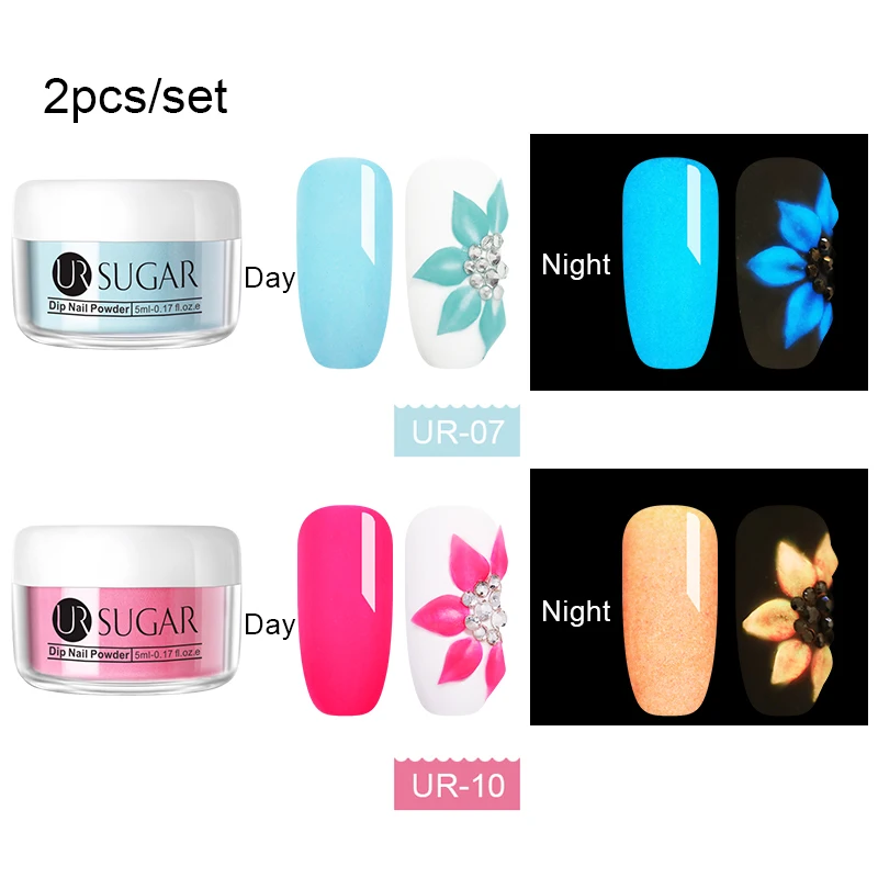 2pcs powder5 UR SUGAR светящаяся неоновая жидкость для ногтей Dip Акриловая жидкость художественные украшения флуоресцентный погружающийся блеск светящийся в темноте пигмент пыль - Цвет: 2pcs powder5