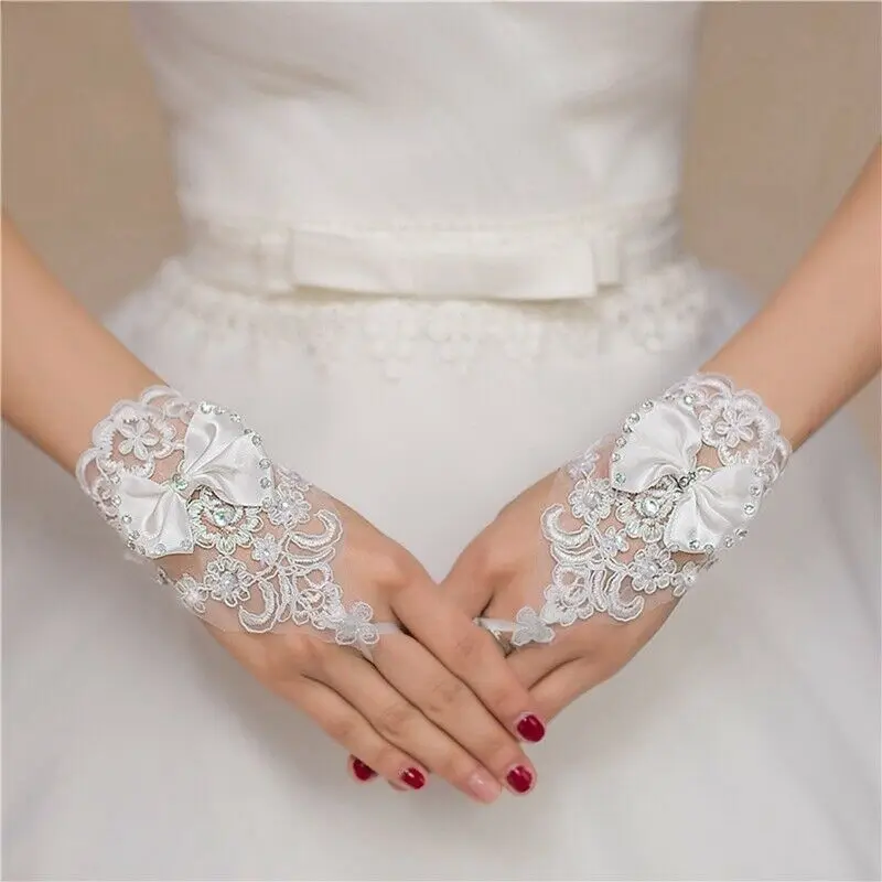 

1pair Wedding Bridal Long Gloves Lace Floral Bowknot Gown Rhinestone
