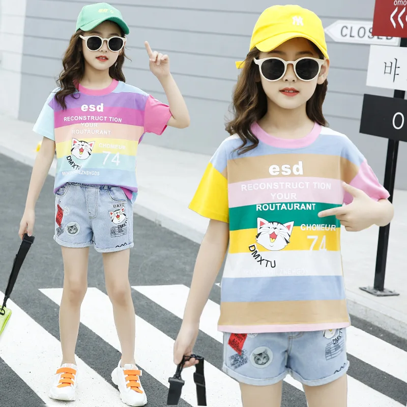 3 6 10 14 New Teenage Girls Clothing Sets Summer Toddler Kids Clothes T-shirt Jeans 2pcs Outfits Children Tracksuit Suit | Детская