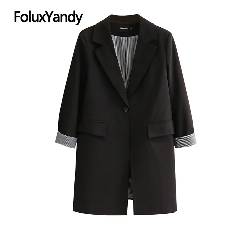 

Single Button Blazers Women Spring Coats Outerwear Plus Size Casual Long Blazers Black SWM1381