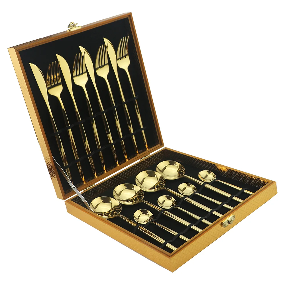 16Pcs Gold Розовые золотые столовые приборы, набор черной посуды, вилка, нож, обеденная ложка, набор из 304 нержавеющей стали, посуда для кухни, столовое серебро с коробкой - Цвет: 16Pcs Gold