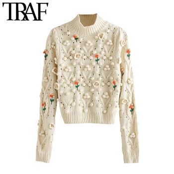 

TRAF Women Fashion Floral Appliques Cropped Knitted Sweater Vintage High Collar Long Sleeve Female Pullovers Chic Tops