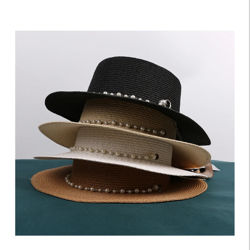 

Women Summer Fashion French Retro Pearl Chain Flat Top Wide Brim Elegant Straw Sun Hat Lady's Travel Beach Hats Gorras
