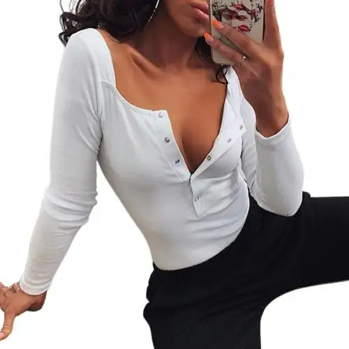 Sexy Knitted Bodysuit Women Square Neck Long Sleeve Buttons Ribbed Knitted Slim Romper Fashion Streetwear  Overalls mesh bodysuit Bodysuits