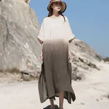 

Solid Color Robe Bat Sleeved Cotton Loose Dress With Pocket Summer Loose Leisure Comfortable Dresses New Fashion Popular