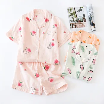 

2020 summer new pajamas for women cotton turn down coolar friut printed pyjamas women short sleeve top shorts sleepwear sets