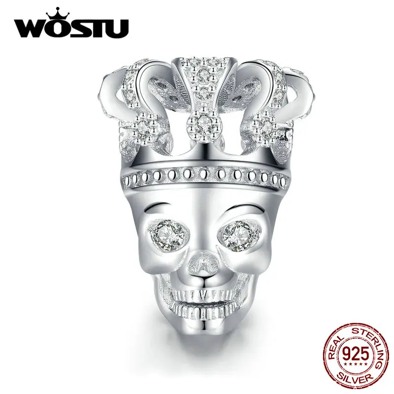 WOSTU 925 серебро ужасная Корона Череп бусы оригинальный браслет подвески кулон