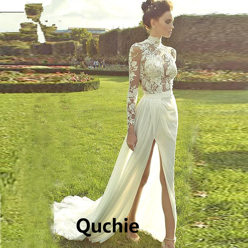 

High neck Chiffon Wedding Dress High Slit Illusion Lace A Line Bodice Bridal Gown Bridal Dress Formal Vestidos de Noiva